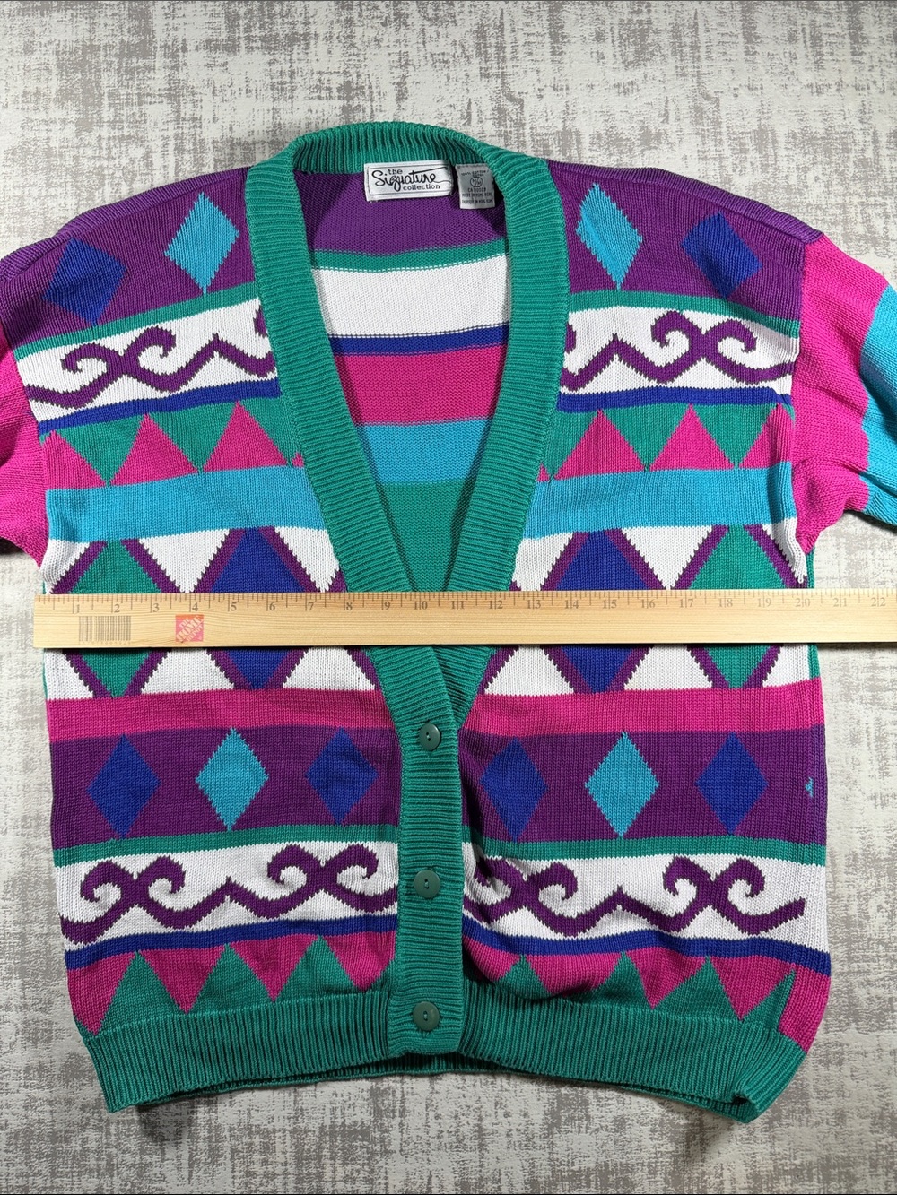 Signature Vintage  Teal, Purple & Pink Geometric Button-Up Cardigan sz M 24X20.5 - Picture 9 of 14